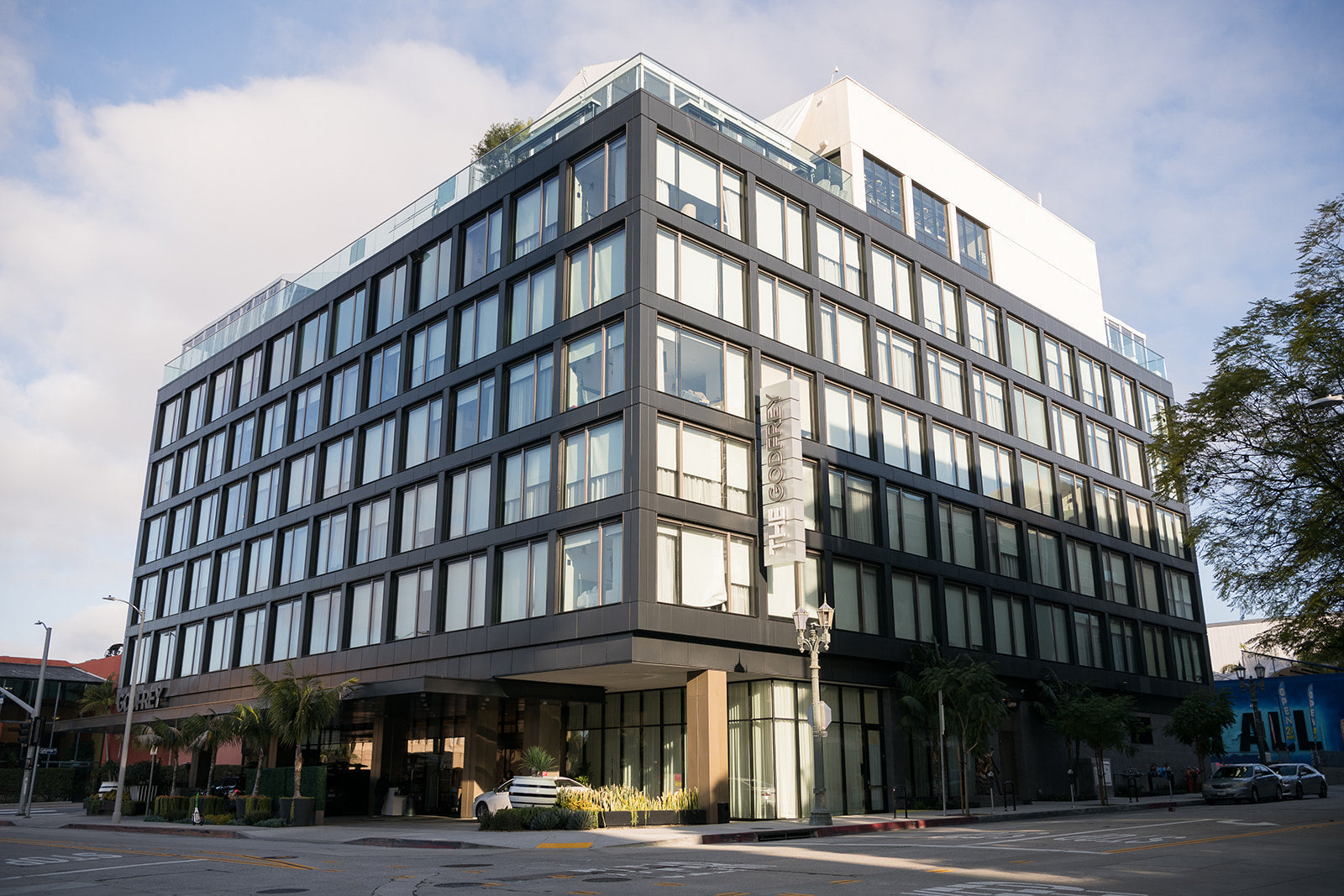 Exterior view of The Godfrey Hotel Hollywood showcasing its modern architecture and inviting entrance.