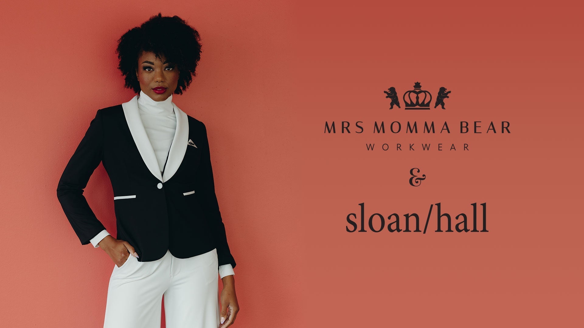 Mrs Momma Bear Workwear logo with model in Enza Marie Set at Sloan/Hall, showcasing elegance and fashion innovation.