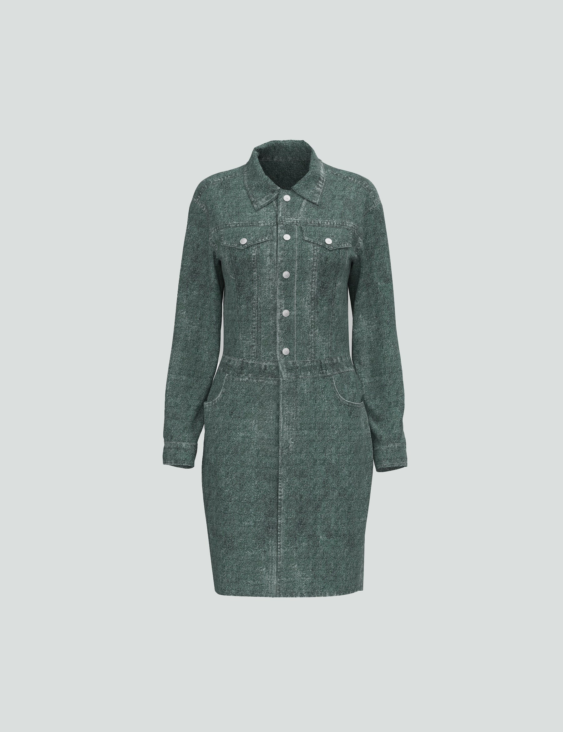 The Huntress green denim mini dress with long sleeves, front pockets, and a stylish collar, perfect for casual wear.