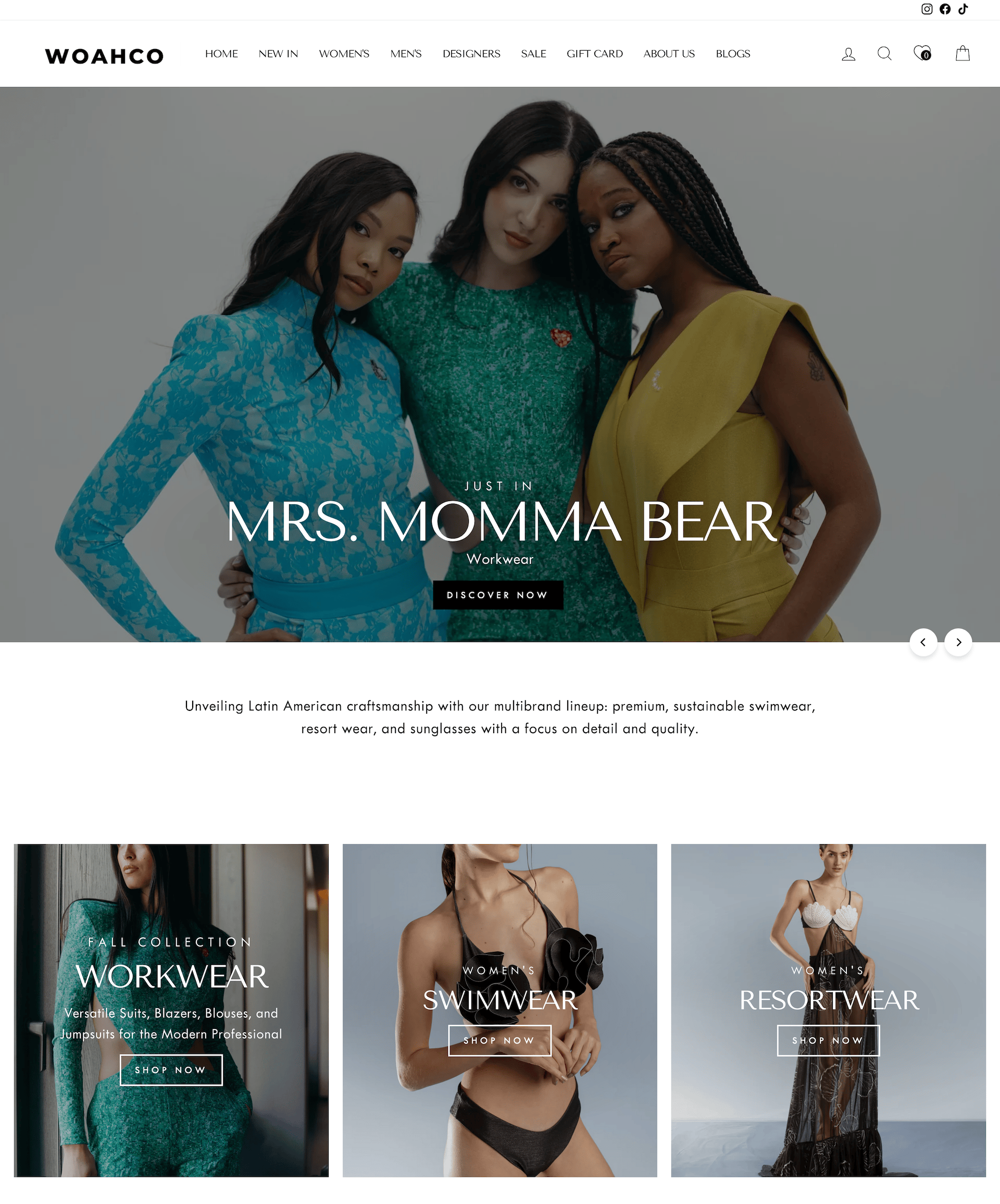 Three models showcasing sustainable Mrs Momma Bear and swimwear on the Woahco website.