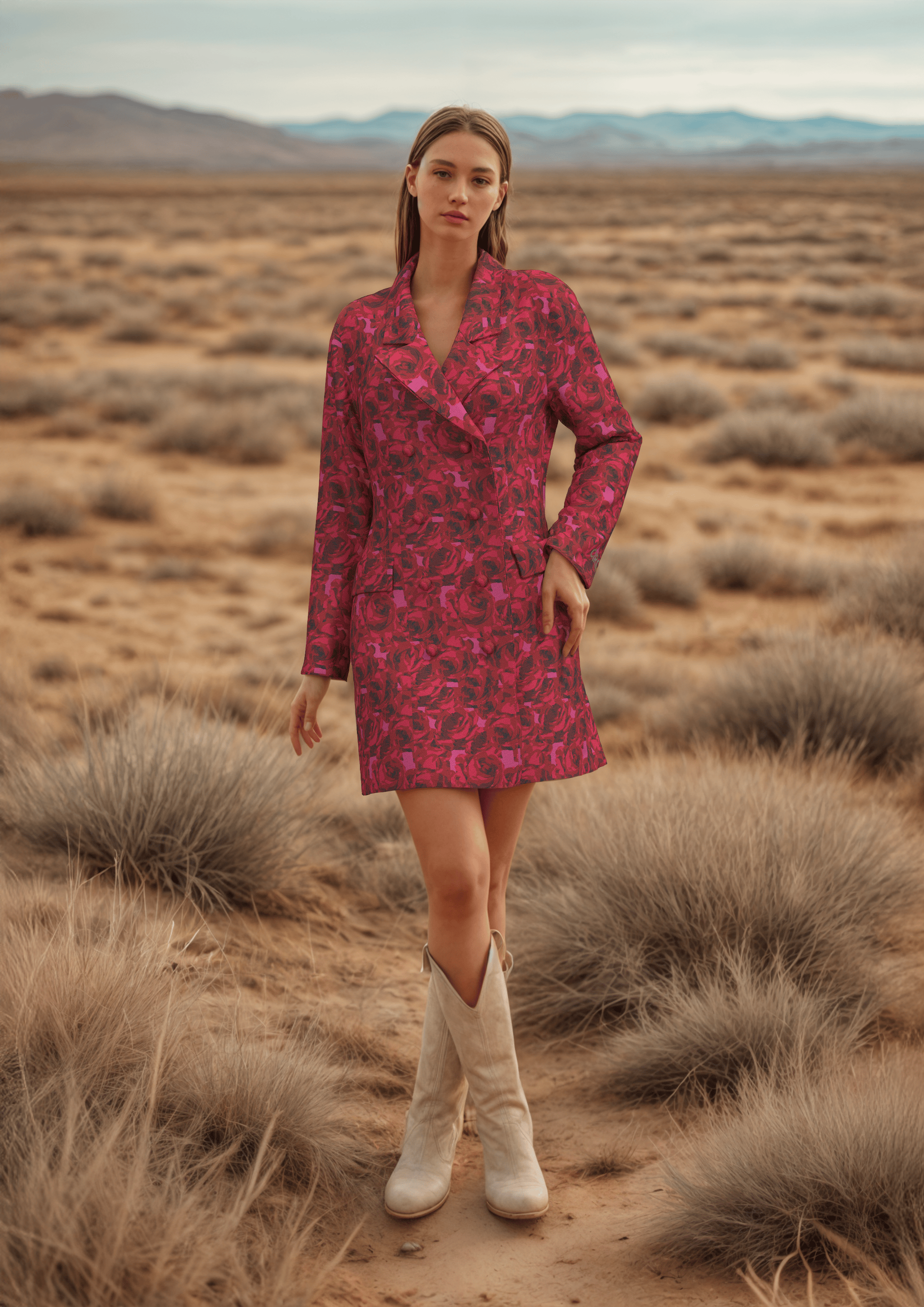 Model wearing a pink patterned dress and white boots in a desert landscape with shrubs.