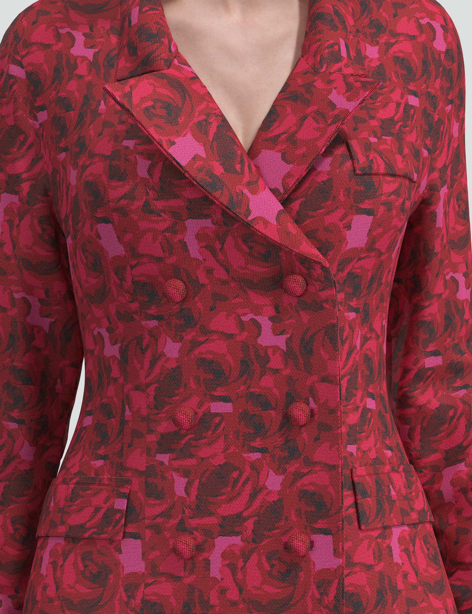 Close-up of Ruth Tuxedo Mini Dress showcasing luxurious rose-patterned fabric and double button details.