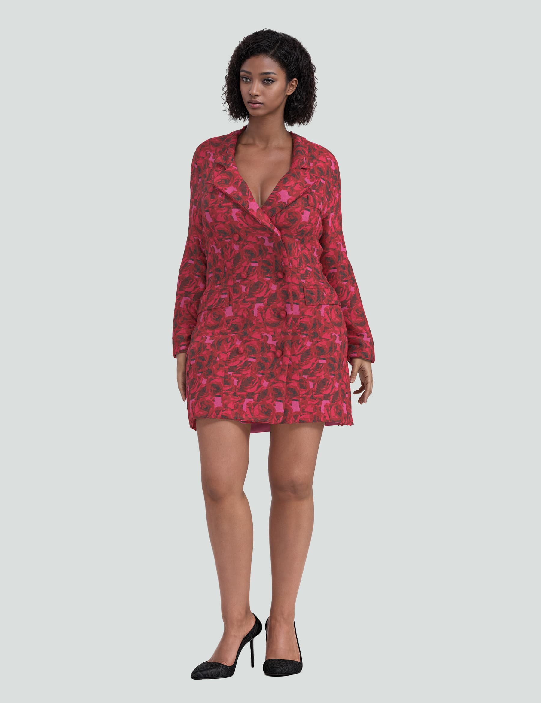 Ruth Tuxedo Mini Dress in luxurious rose-patterned fabric, featuring a relaxed fit and stylish button details. Perfect for flirty evenings out.