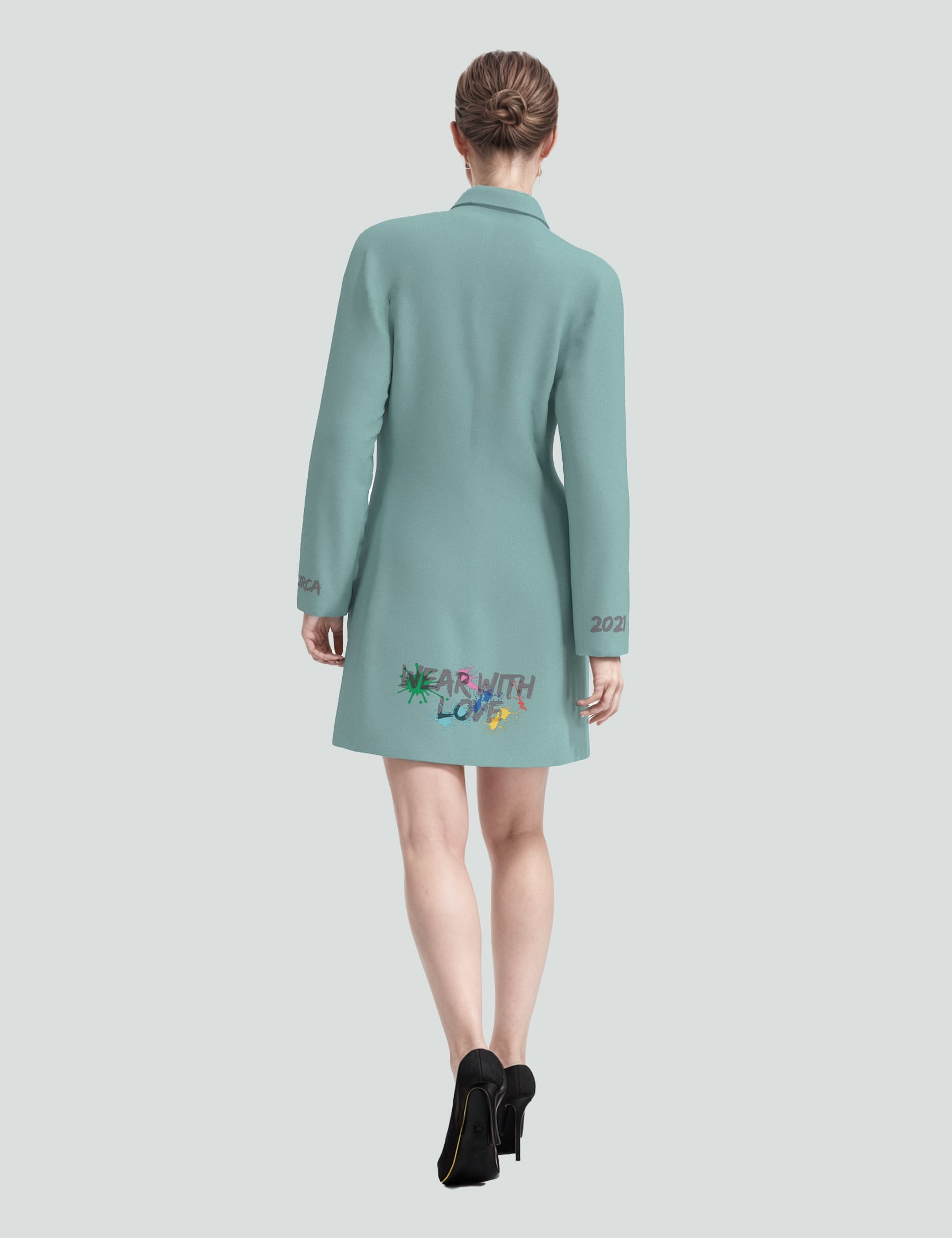 Back view of the sea green Shadows of Me mini tuxedo dress, featuring "Wear with Love" logo and long sleeves.