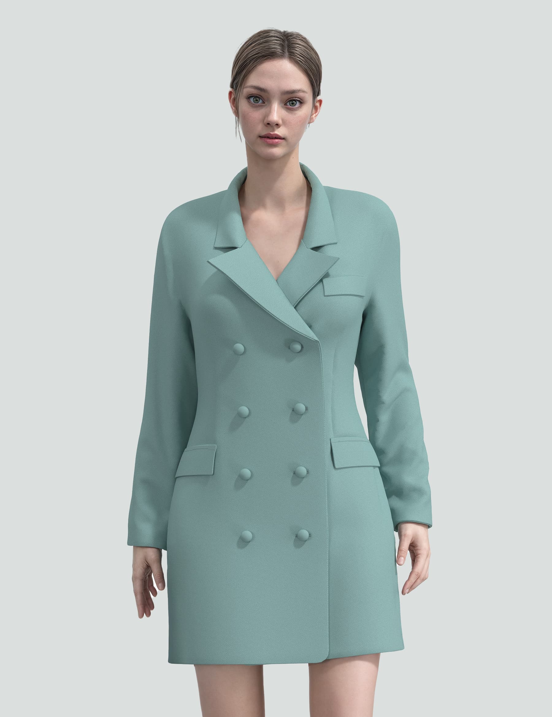 Sea green mini tuxedo dress with double buttons, showcasing relaxed fit and elegant style, perfect for any occasion.