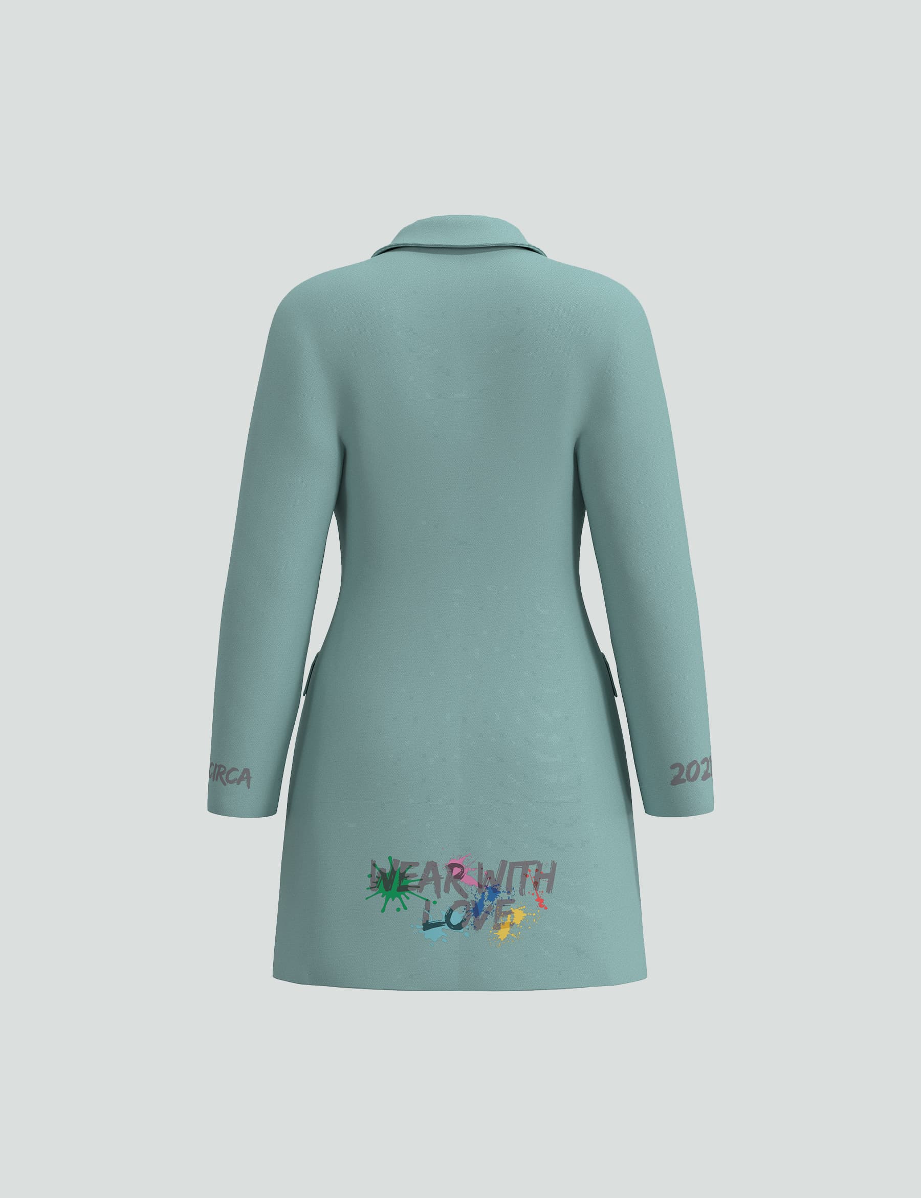 Back view of a sea green mini tuxedo dress featuring "Wear with Love" logo and elegant button detailing.