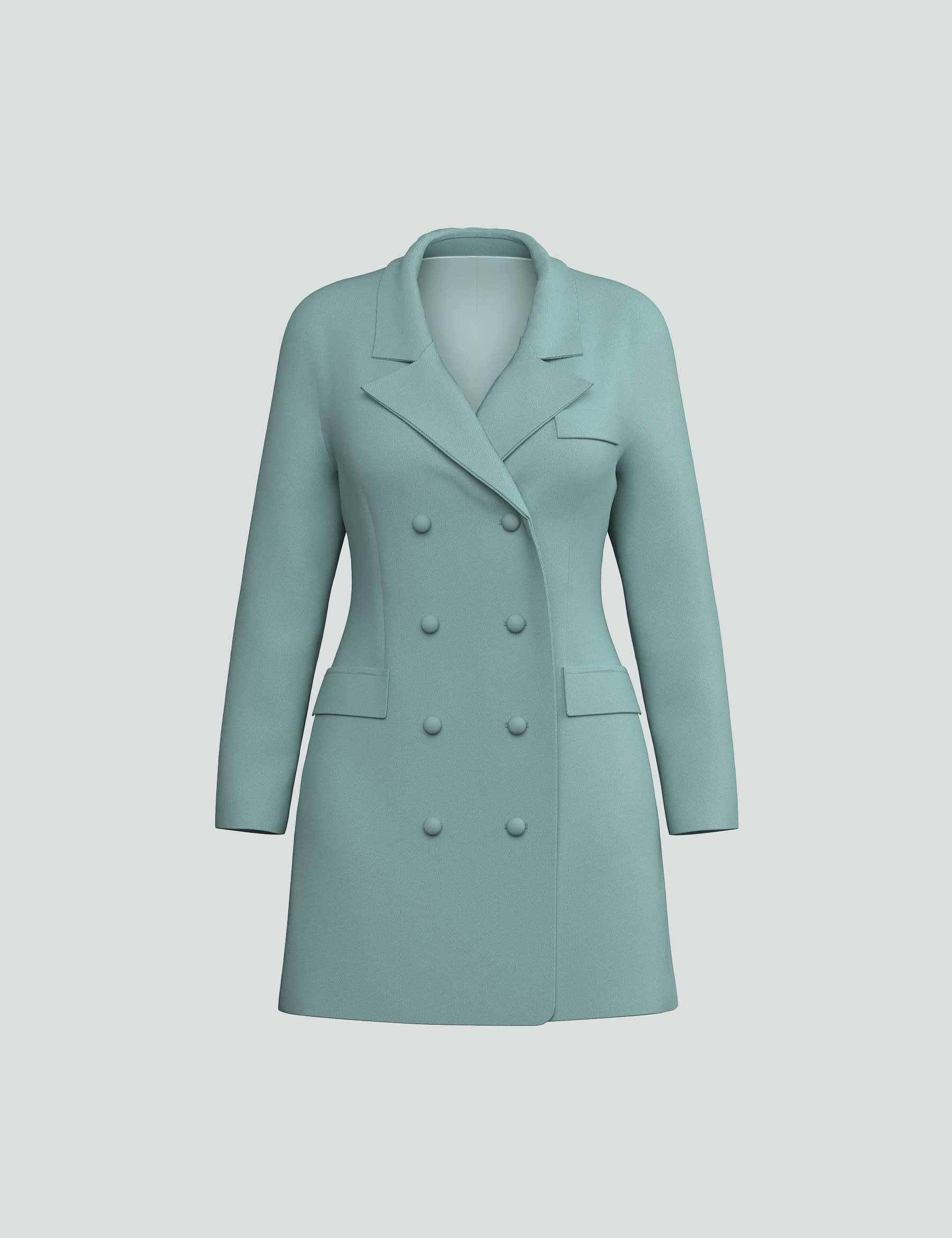 Sea green mini tuxedo dress with double buttons, combining elegance and relaxed fit for versatile styling.