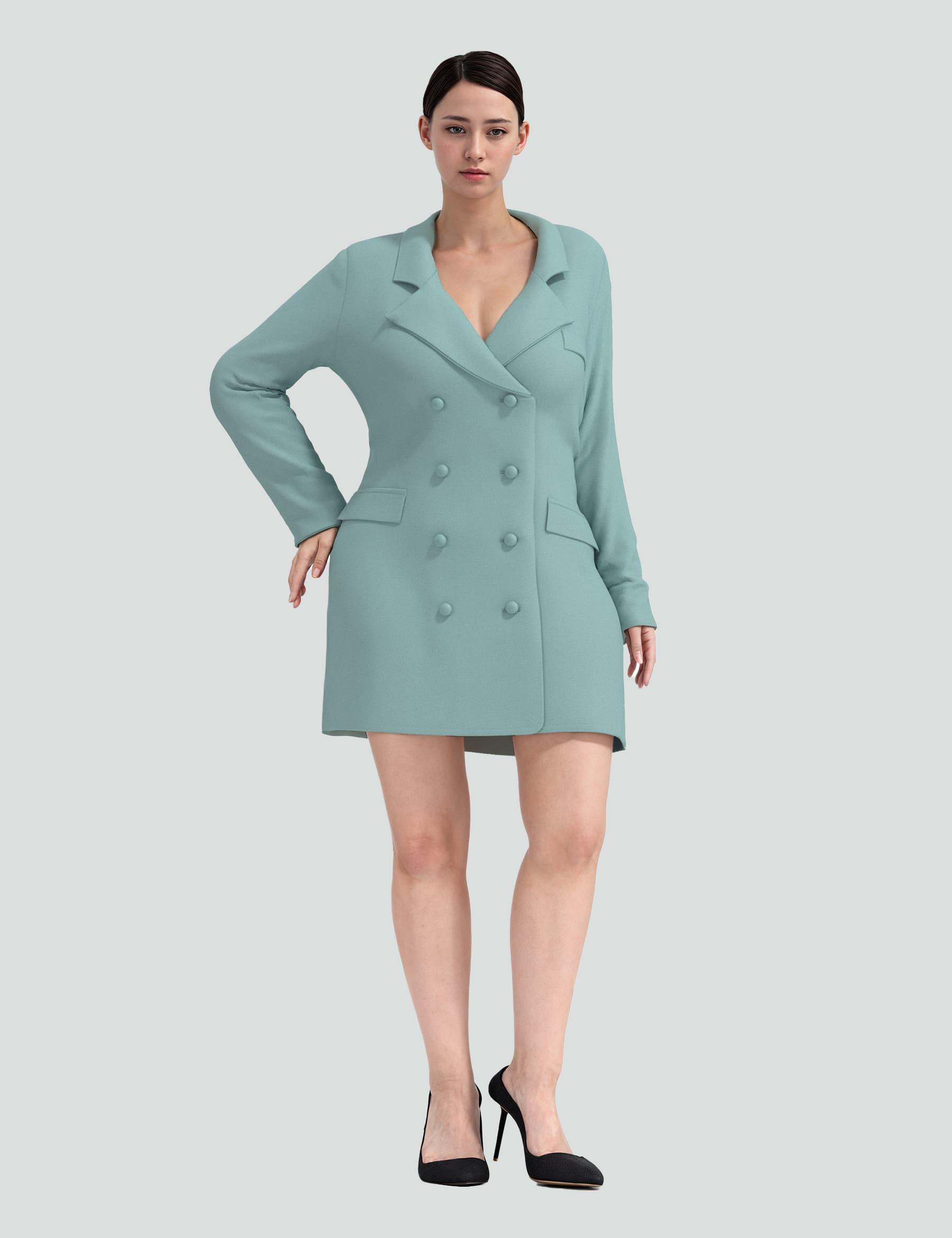 Sea green mini tuxedo dress featuring a double-breasted design and structured fit, perfect for stylish occasions.