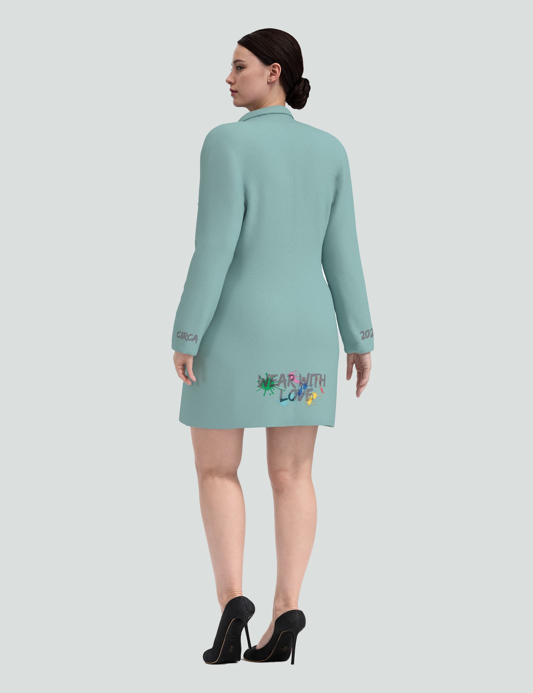 Mini tuxedo dress in sea green with "Wear with Love" logo, perfect for business and evening wear.