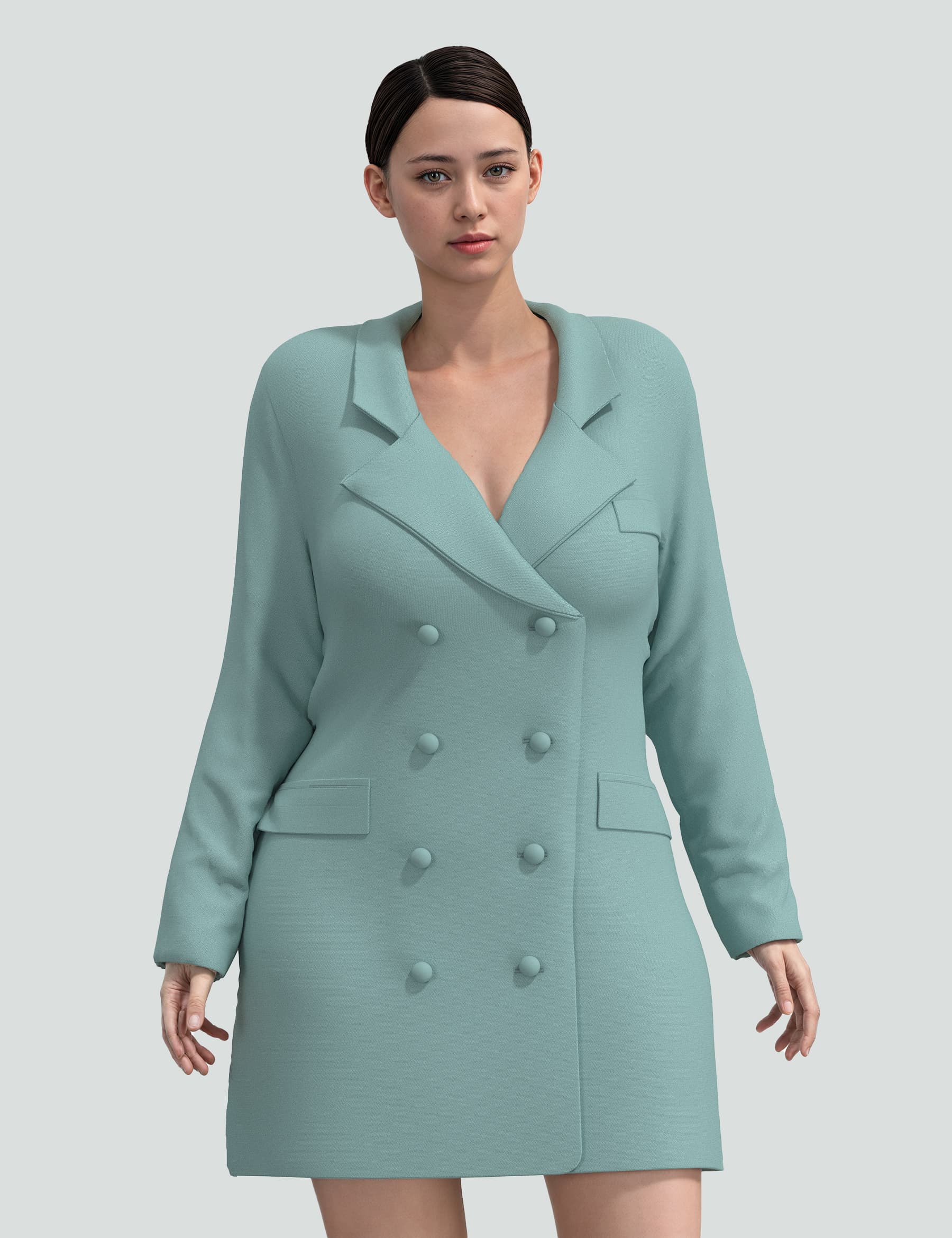 Sea green mini tuxedo dress with double-breasted buttons, showcasing elegance and style for any occasion.