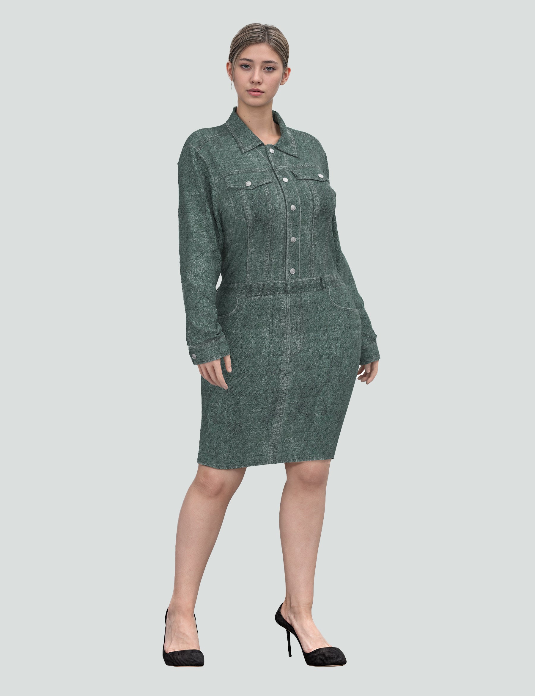 Green mini dress inspired by denim, perfect for casual outings or coffee dates, featuring a fitted silhouette and stylish buttons.