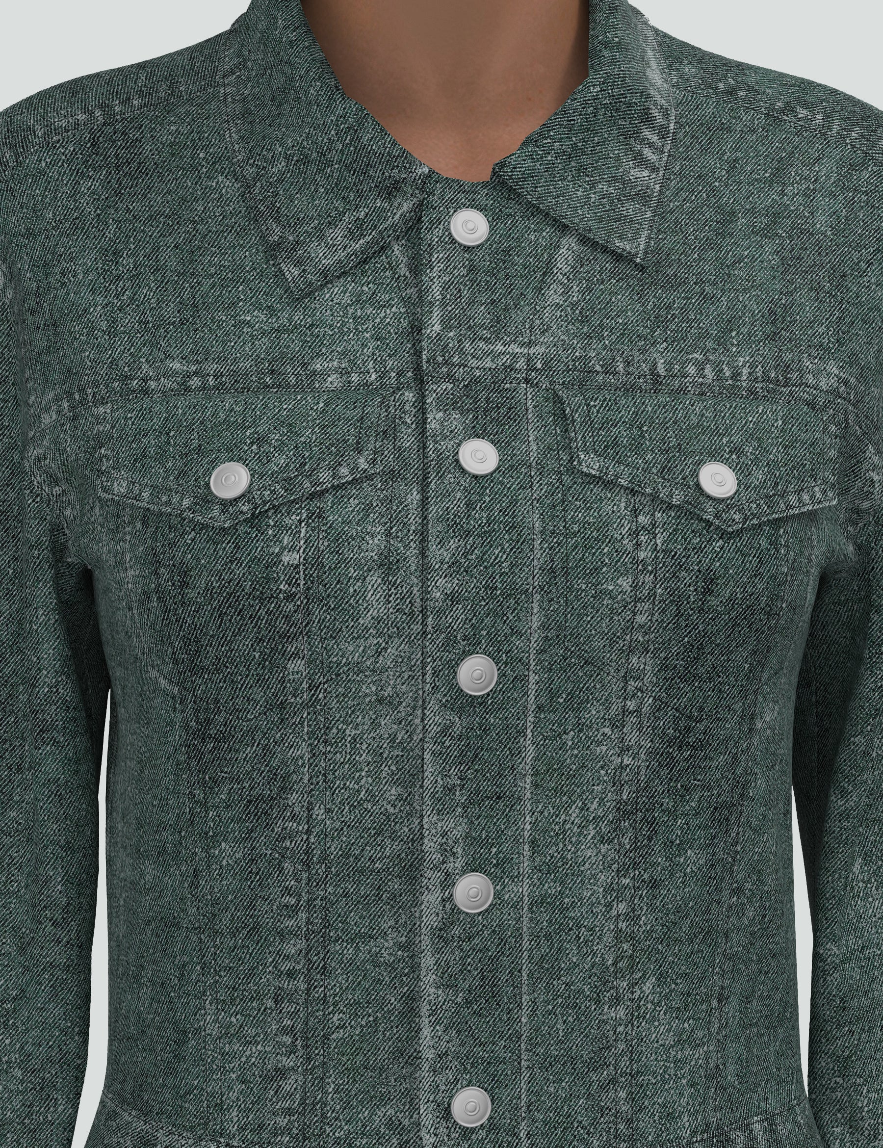 Close-up of The Huntress green denim mini dress, featuring a button-up front and classic collar design.